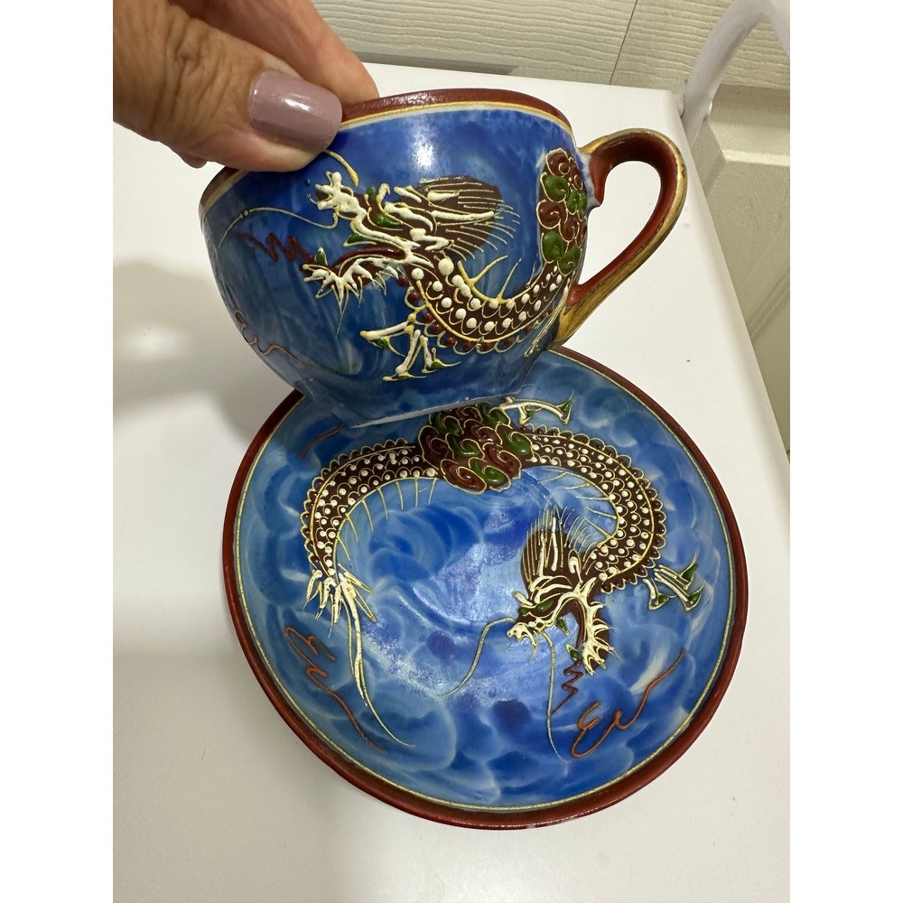 Vintage Dragon Ware Tea Cup Saucer Set Blue Moriage Japanese Porcelain Good